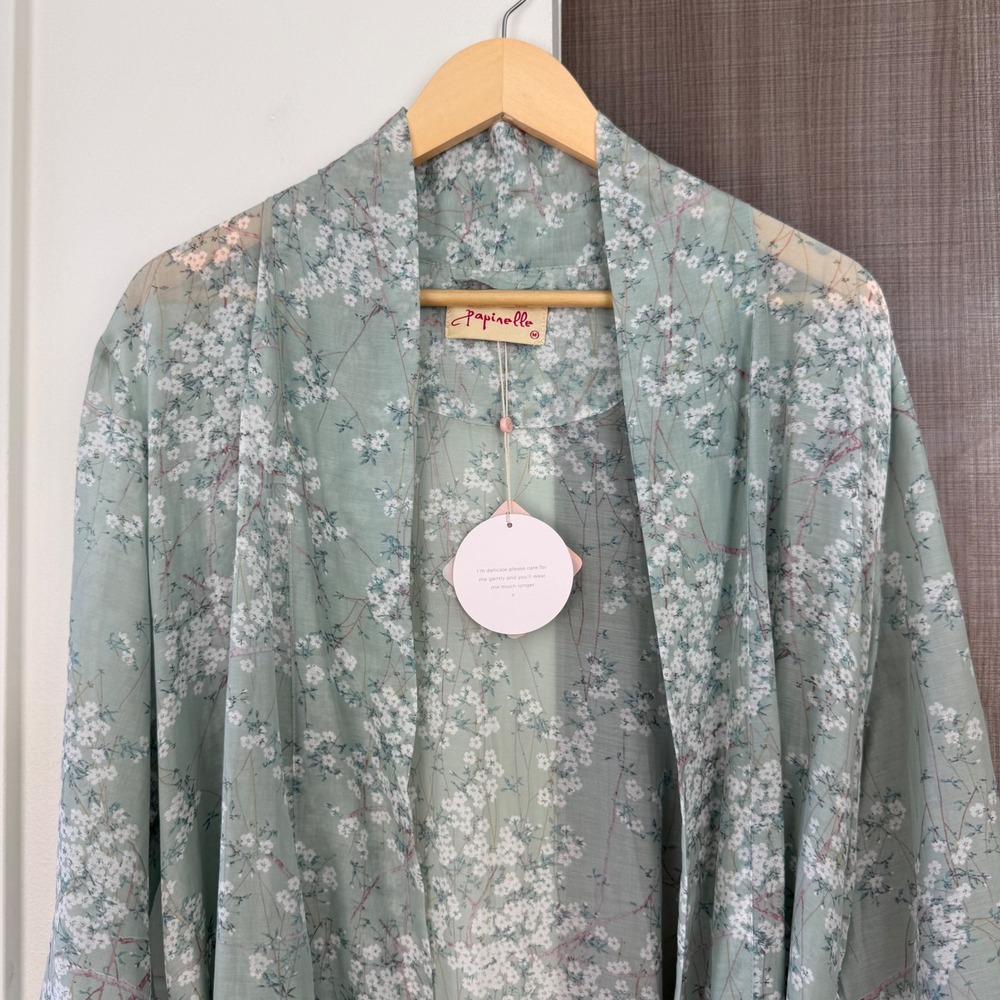 NEW Papinelle Teal Cherry Blossom Maxi Robe Cotton Silk Lace Trim Floral Medium - Picture 4 of 14